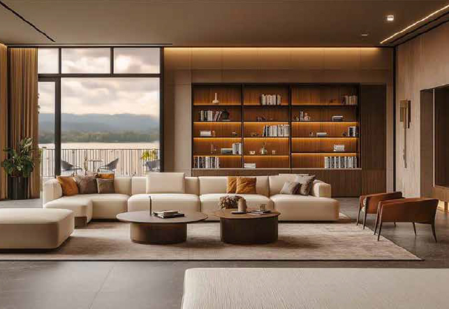 Living room with floor-to-ceiling windows and warm wood library