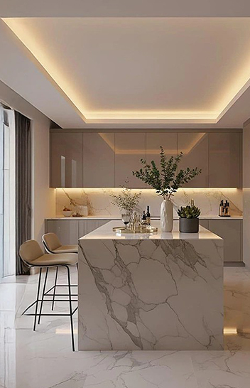 Modern living kitchen with marble island