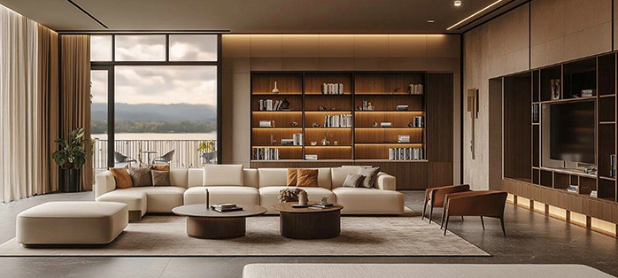 Premium finishes living room with library wall
