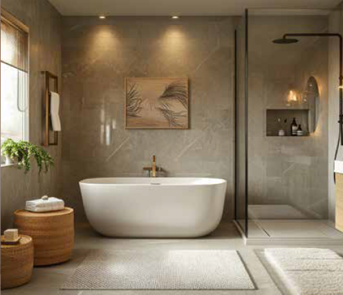 Stone-clad bathroom with freestanding tub