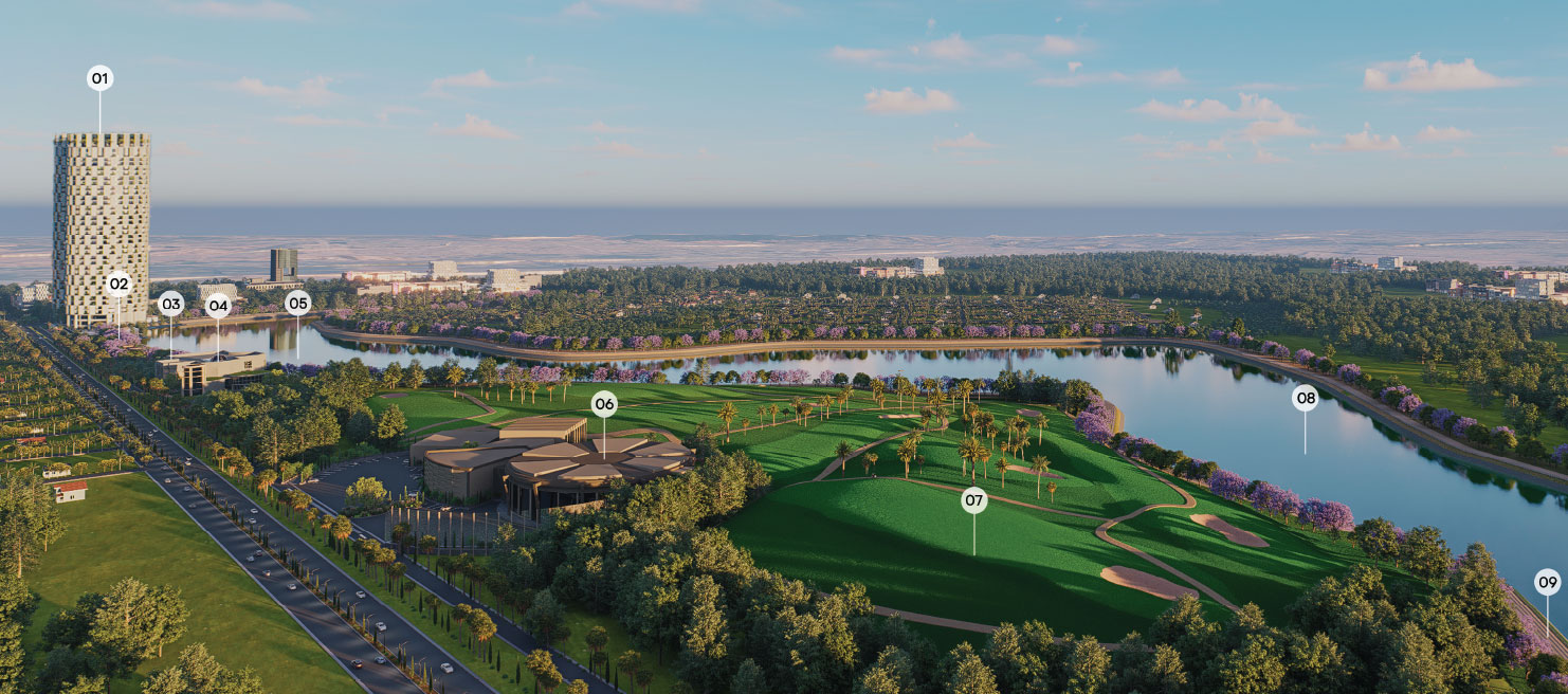 Green World Towers community panorama with nine numbered landmarks