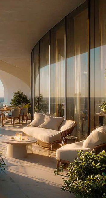 Curved balcony lounge at golden hour