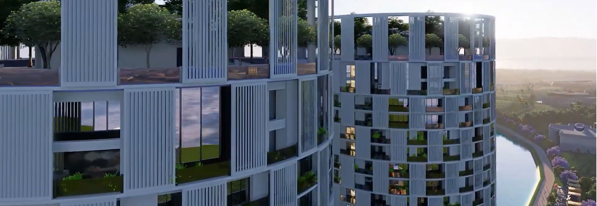 Close-up of GWT curved balconies overlooking the lake and golf course